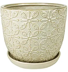 Leafy Scroll Planter with Attached Saucer, 10.25” x 9“, White