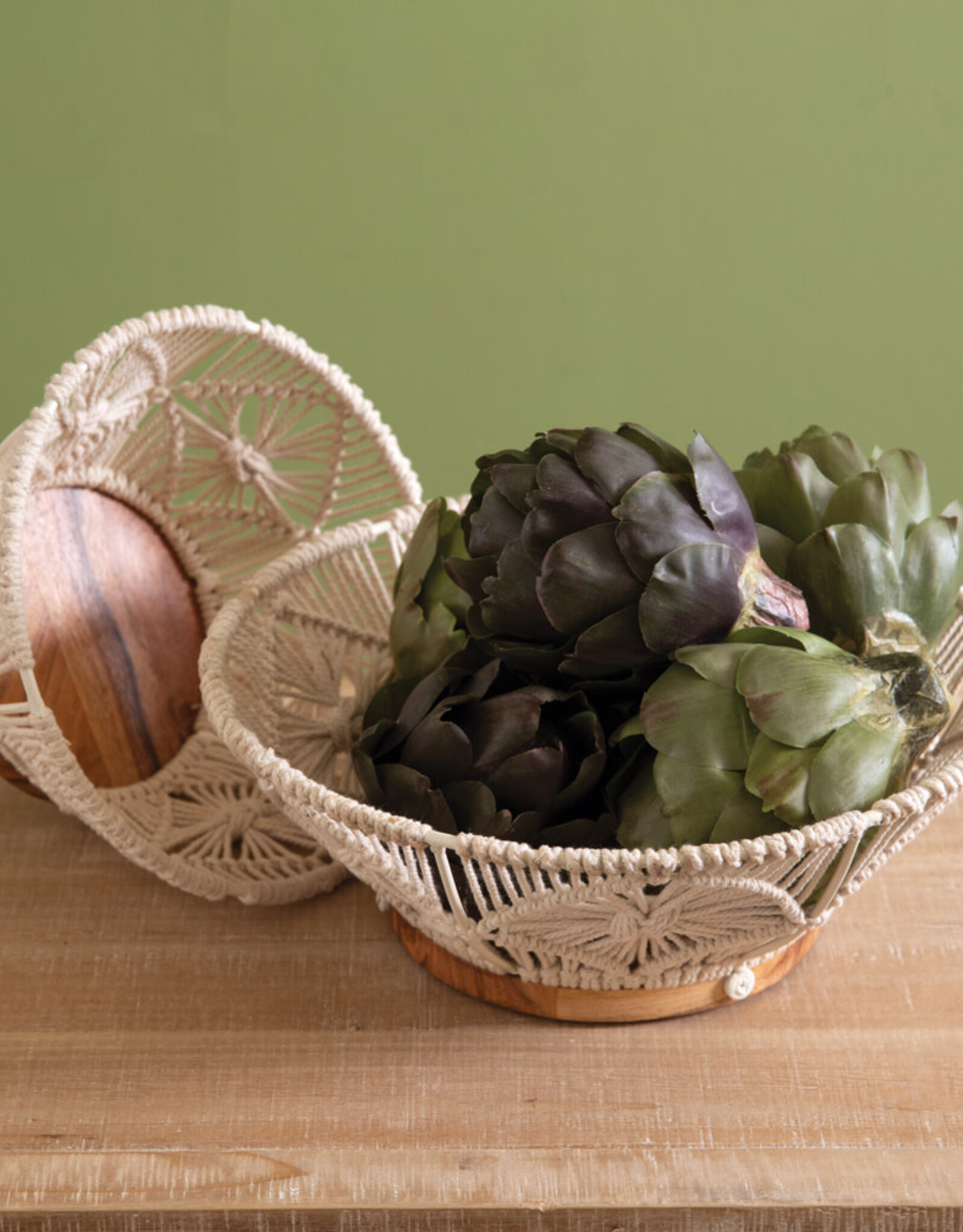 Wood and Macrame Bowl Sm 8¼'' dia. x 4''H