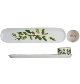Stoneware Platter & Dish w/ Holly Leaves & Berries "Happy Holidays", Set of 2