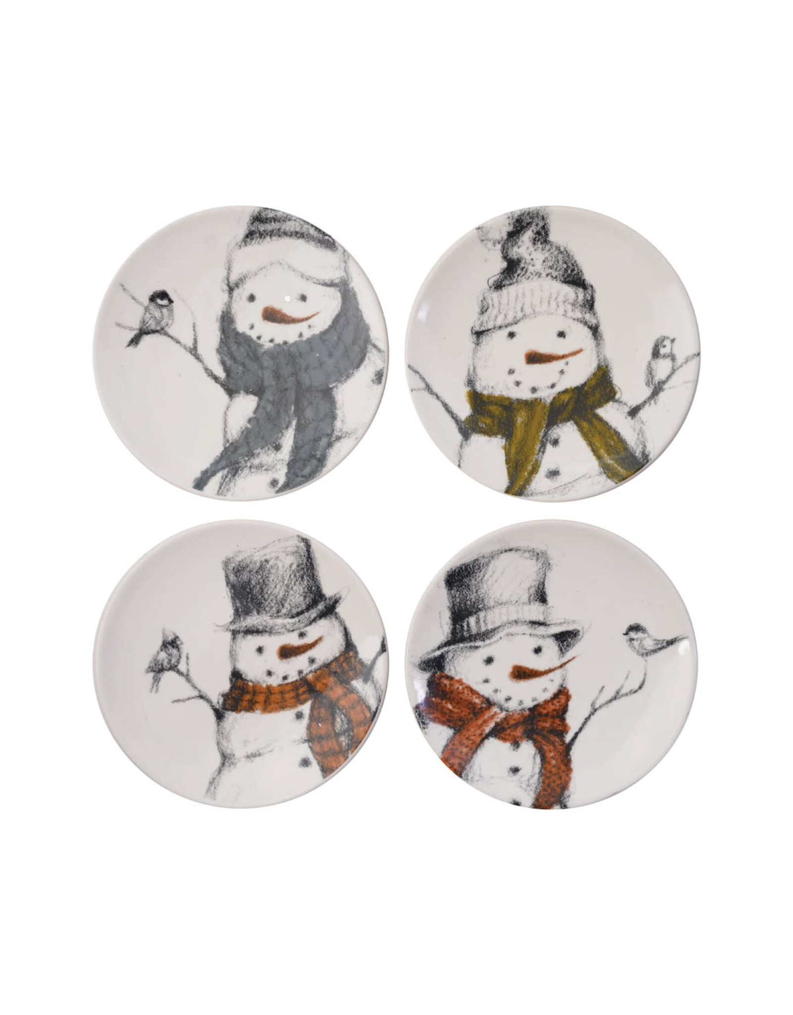Round Stoneware Dish with Snowman & Bird Image, 4 Styles, 5"