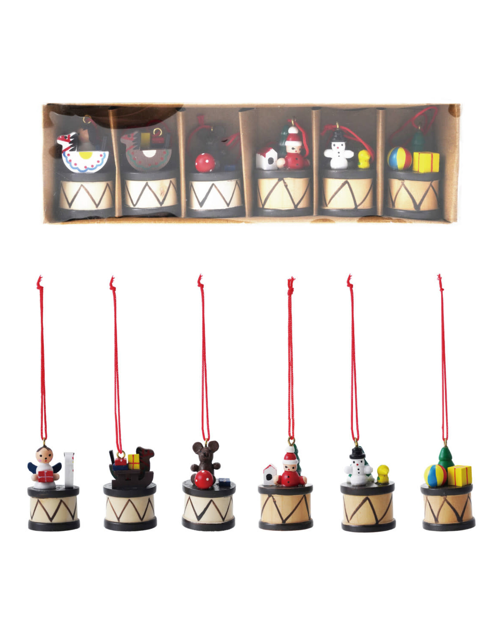 Wood Holiday Drum Ornaments, Multi Color, 2" H, Boxed Set of 6