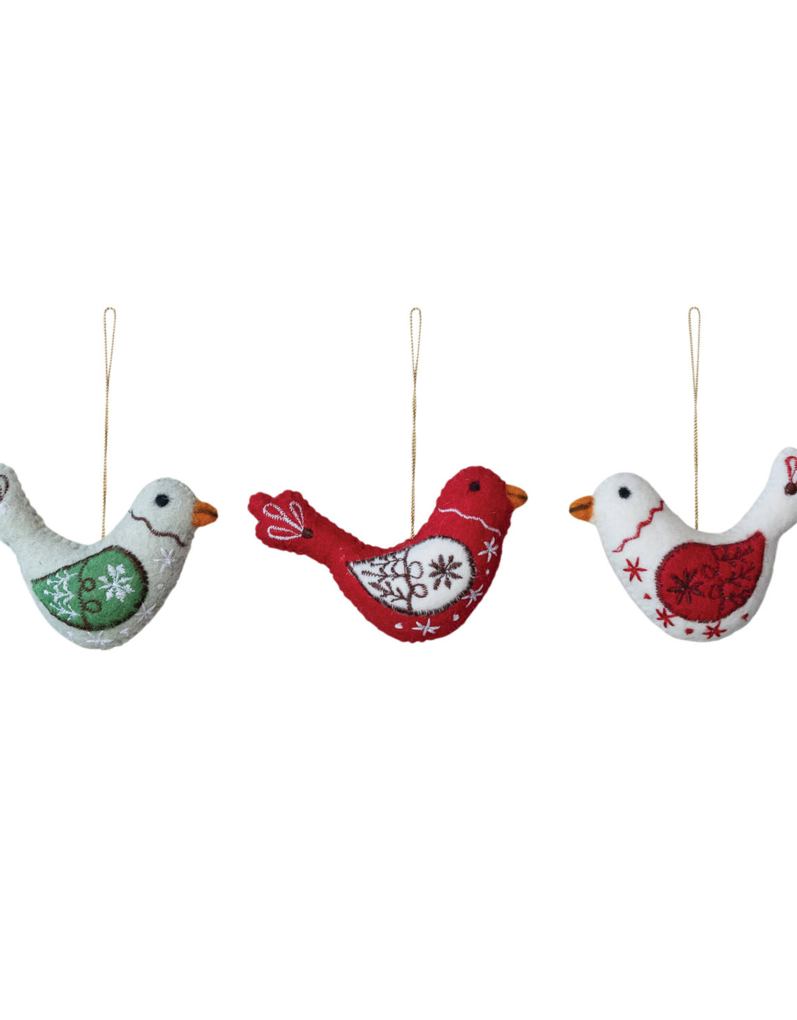 Handmade Wool Felt Bird Ornament with Embroidery, 5" L,  3 Styles
