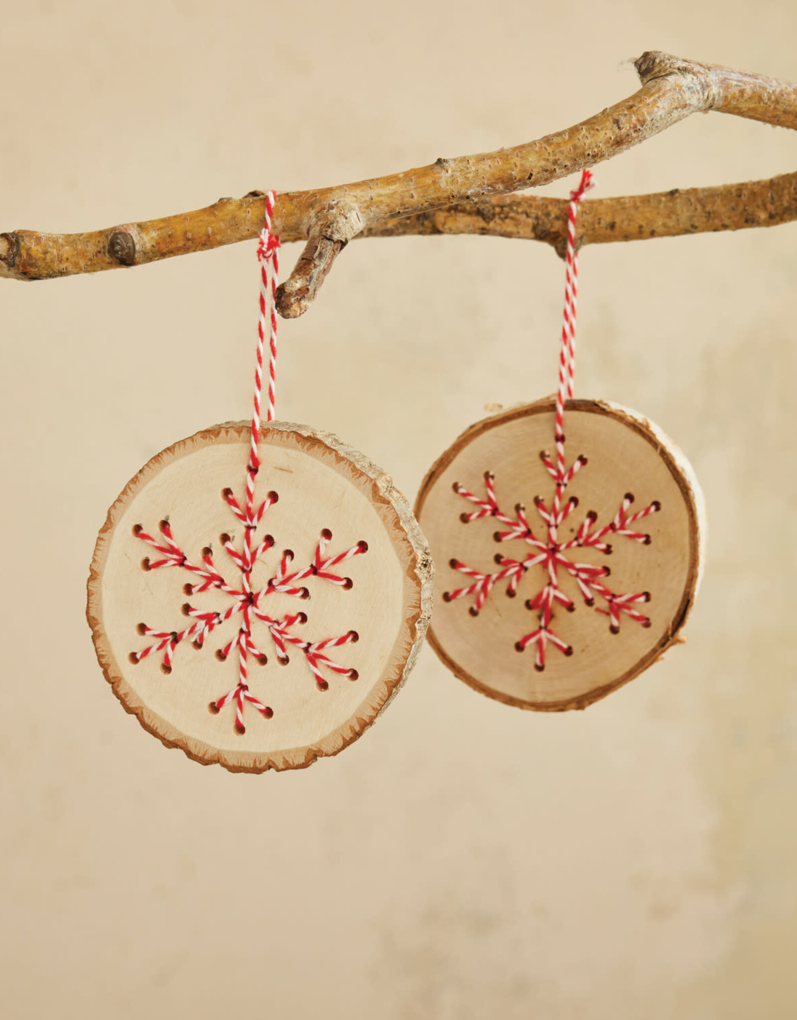 Birch Wood Slice Ornament with Snowflake, 2 Styles (Each Will Vary) 4"R