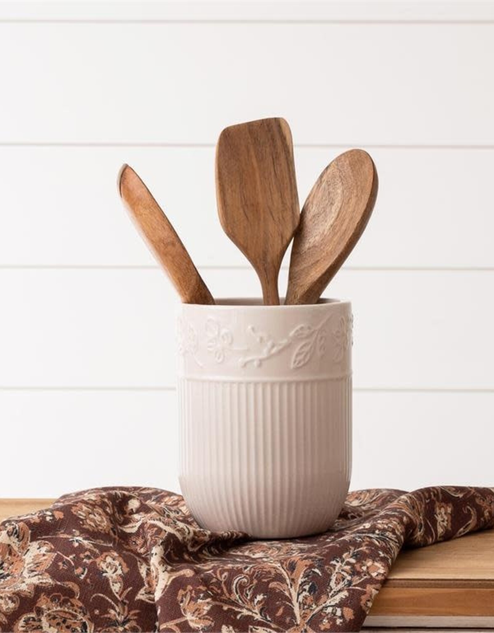 Utensil Holder - Ridged With Leaf Detail  7.5" H x 5.5" Dia