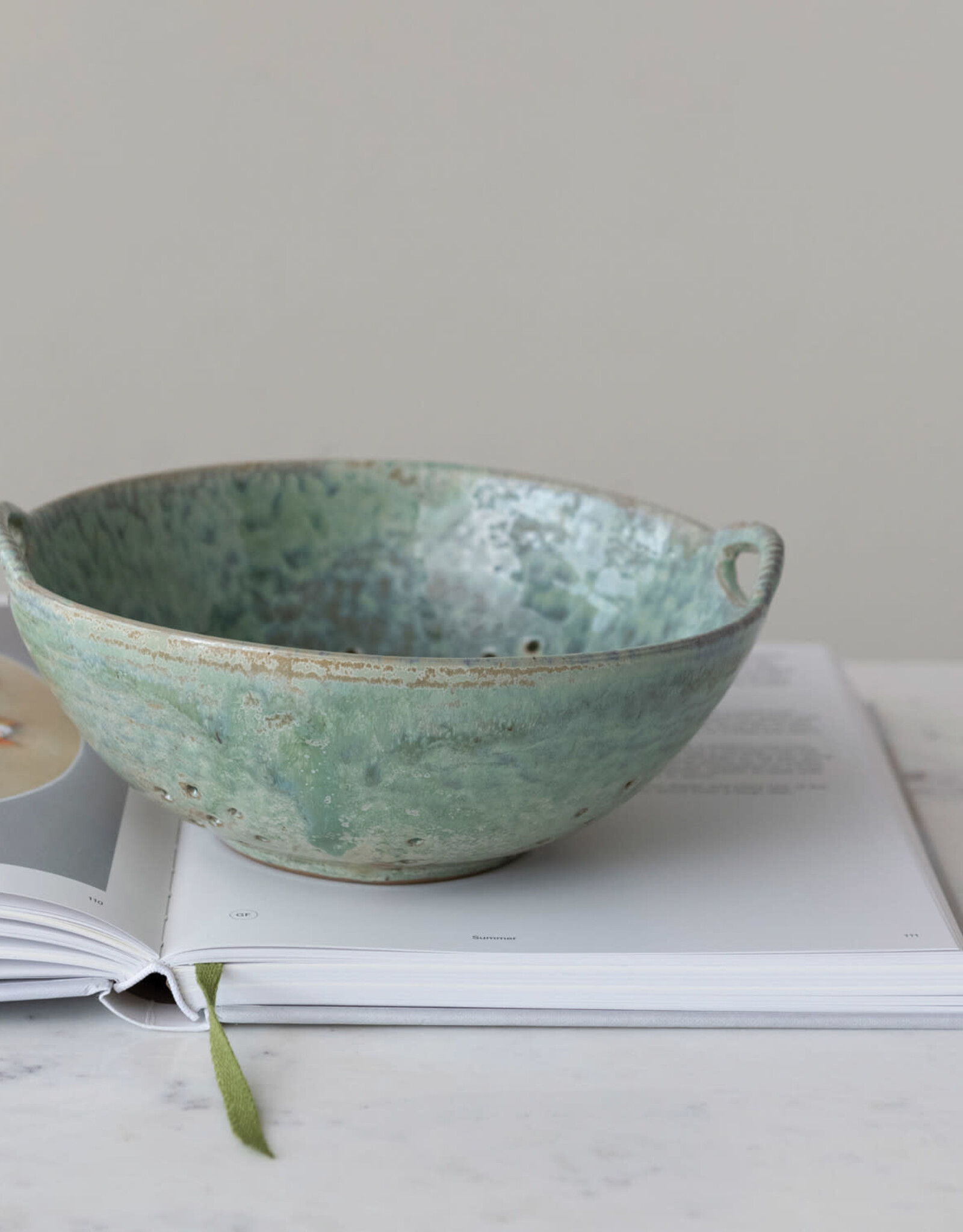 Stoneware Berry Bowl w/ Handles, Aqua (Each One Will Vary) 8"x3 1/4"