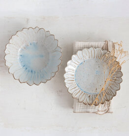 Stoneware Flower Shaped Plate, Reactive Glaze, White & Blue (Each One Will Vary) 8"