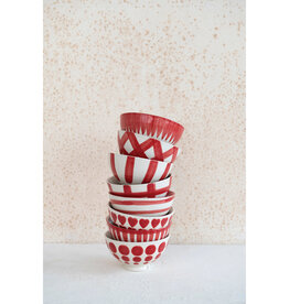 Hand-Painted Stoneware Latte Bowl, White and Red, 8 Styles 4-1/2" Round x 2-1/4"H