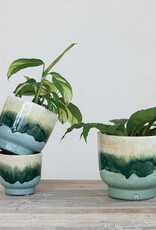 Terra-cotta Footed Planters, Reactive Crackle Glaze, Multi Color 7-3/4" Round x 7"H