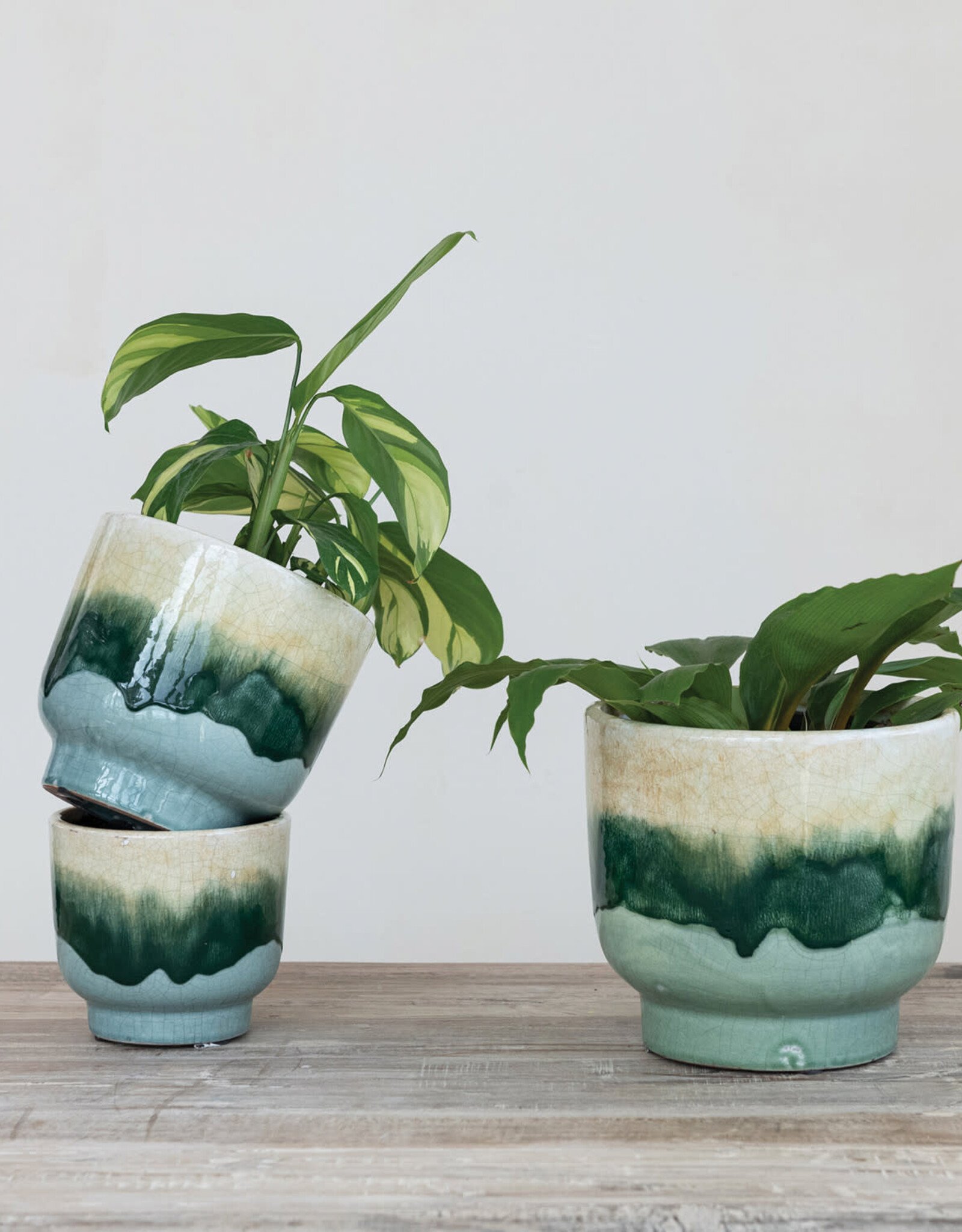 Terra-cotta Footed Planters, Reactive Crackle Glaze, Multi Color 7-3/4" Round x 7"H