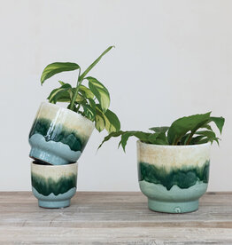 Terra-cotta Footed Planters, Reactive Crackle Glaze, Multi Color 7-3/4" Round x 7"H