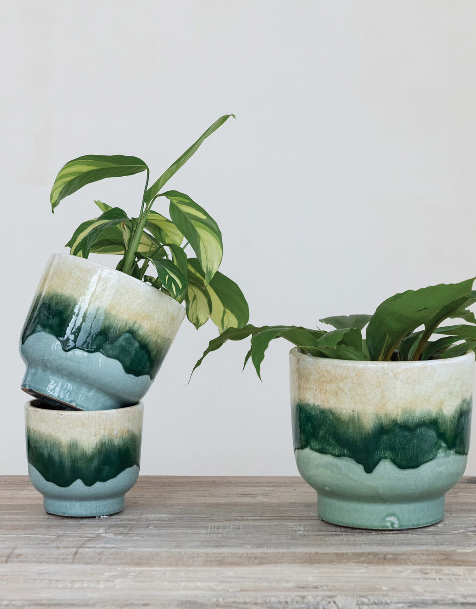 Terra-cotta Footed Planters, Reactive Crackle Glaze, Multi Color 5-1/4" Round x 4-3/4"H