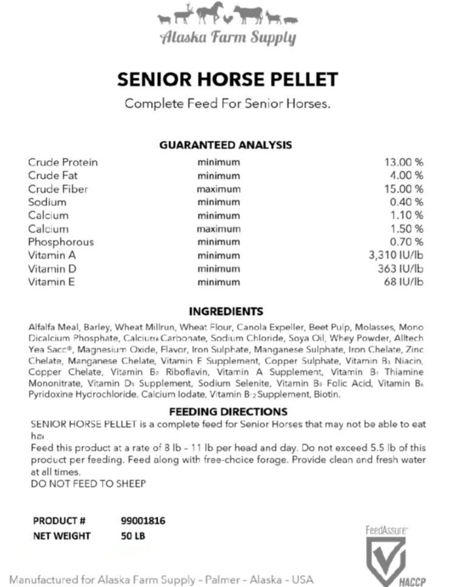 Alaska Farm Supply AFS Senior Horse 13% Protien 50lbs