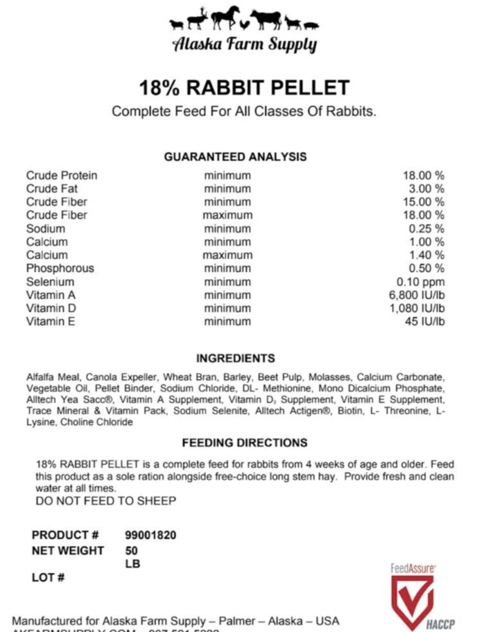 Alaska Farm Supply AFS Rabbit Pellet 18% 50lbs