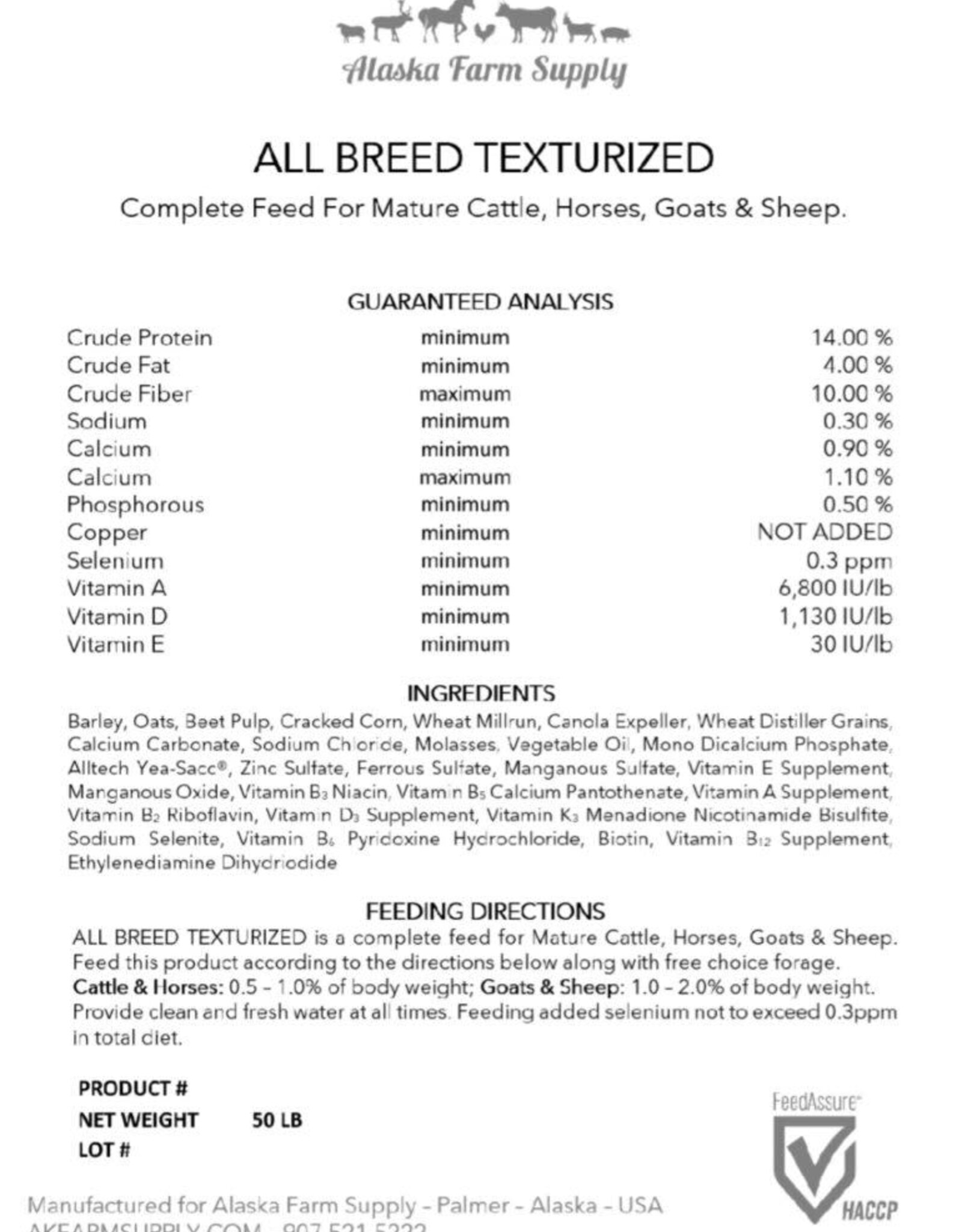 Alaska Farm Supply AFS All Breed Texturized 14%  50lbs Cattle, Horses, Goats, Sheep