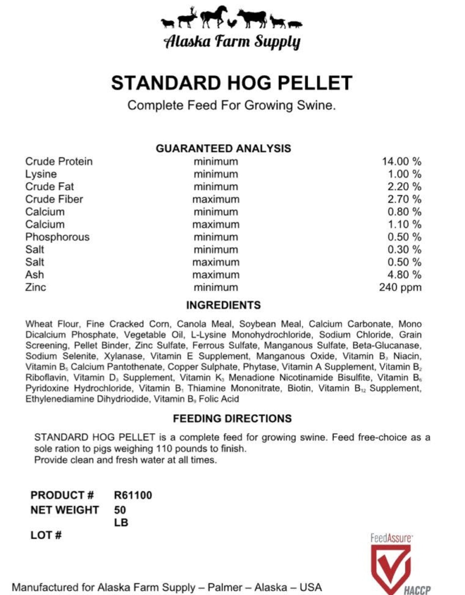 Alaska Farm Supply AFS Hog Standard 14%  50lbs Pig, Swine