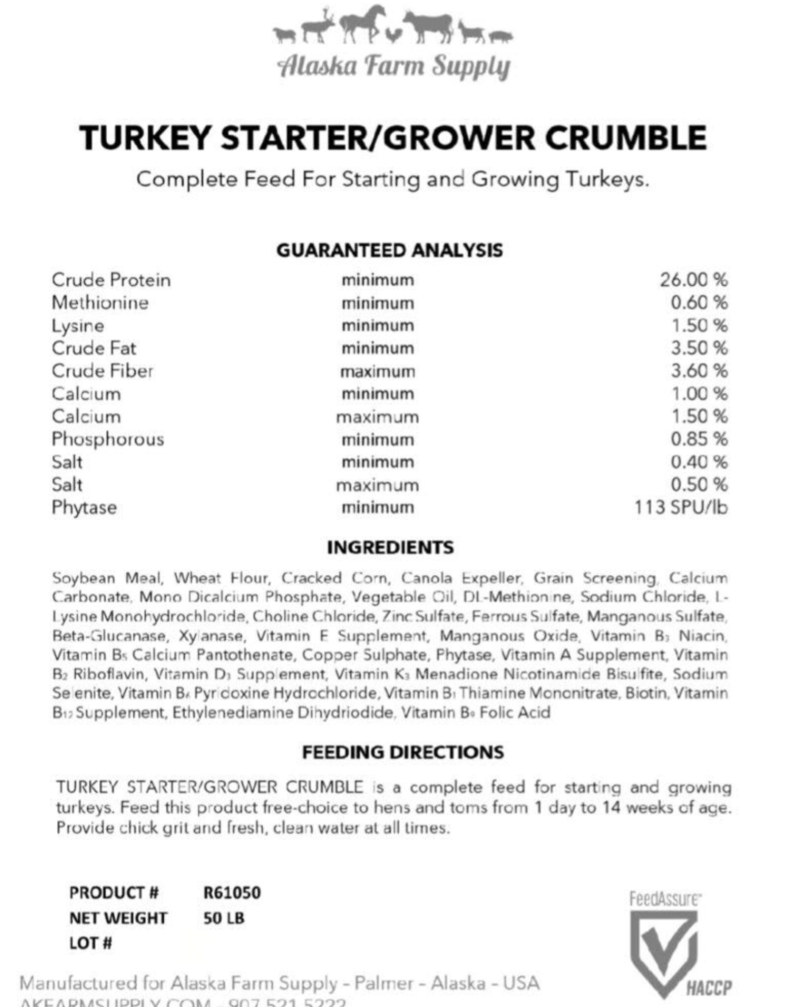 Alaska Farm Supply AFS 26% Turkey Starter/Grower Crumble 50lbs