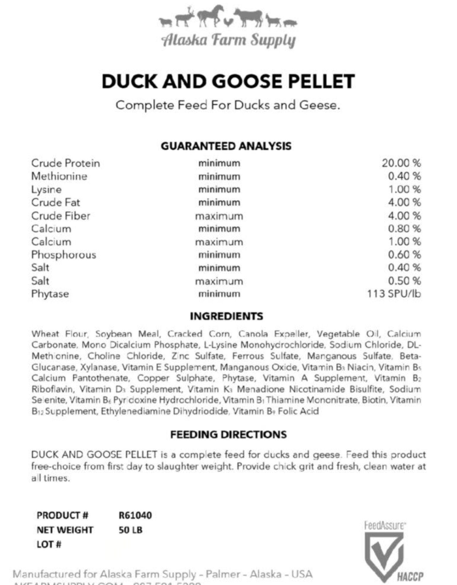 Alaska Farm Supply AFS Duck & Goose Pellets 20%  50lbs