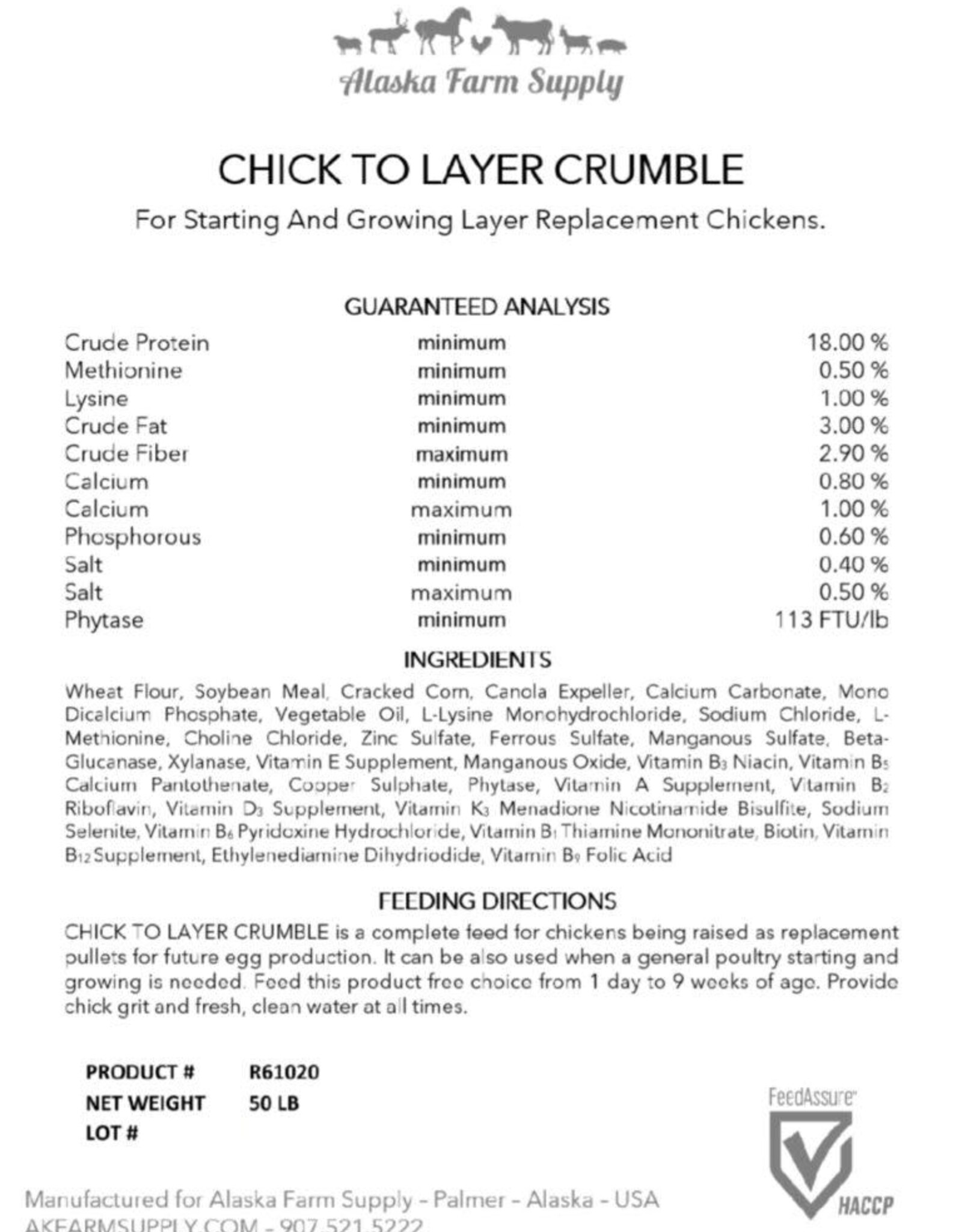 Alaska Farm Supply AFS Chick Starter to Layer 50lbs