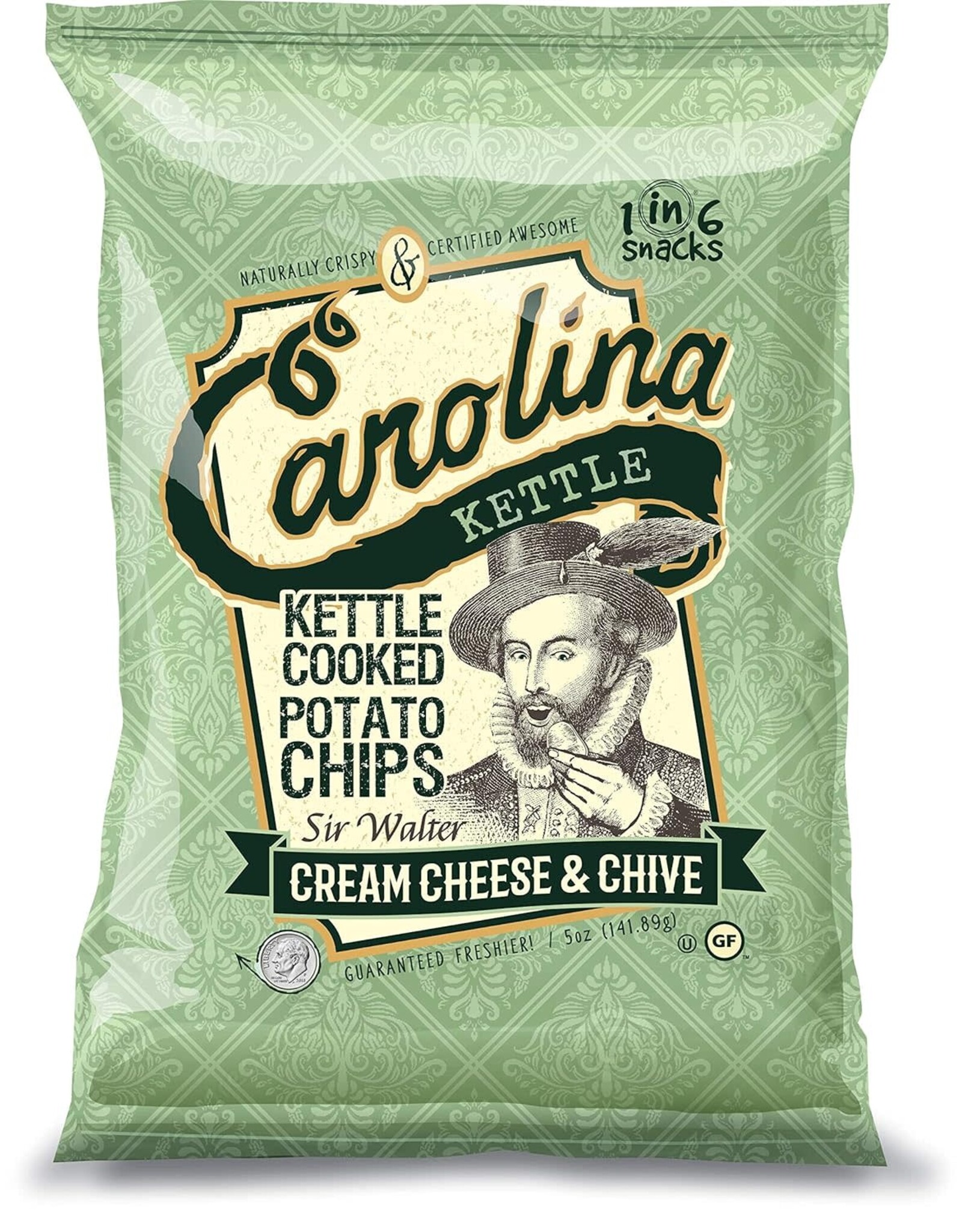 1in6 Snacks Carolina Kettle Kettle Cooked Potato Chips, Sir Walter Cream Cheese & Chive 5 oz
