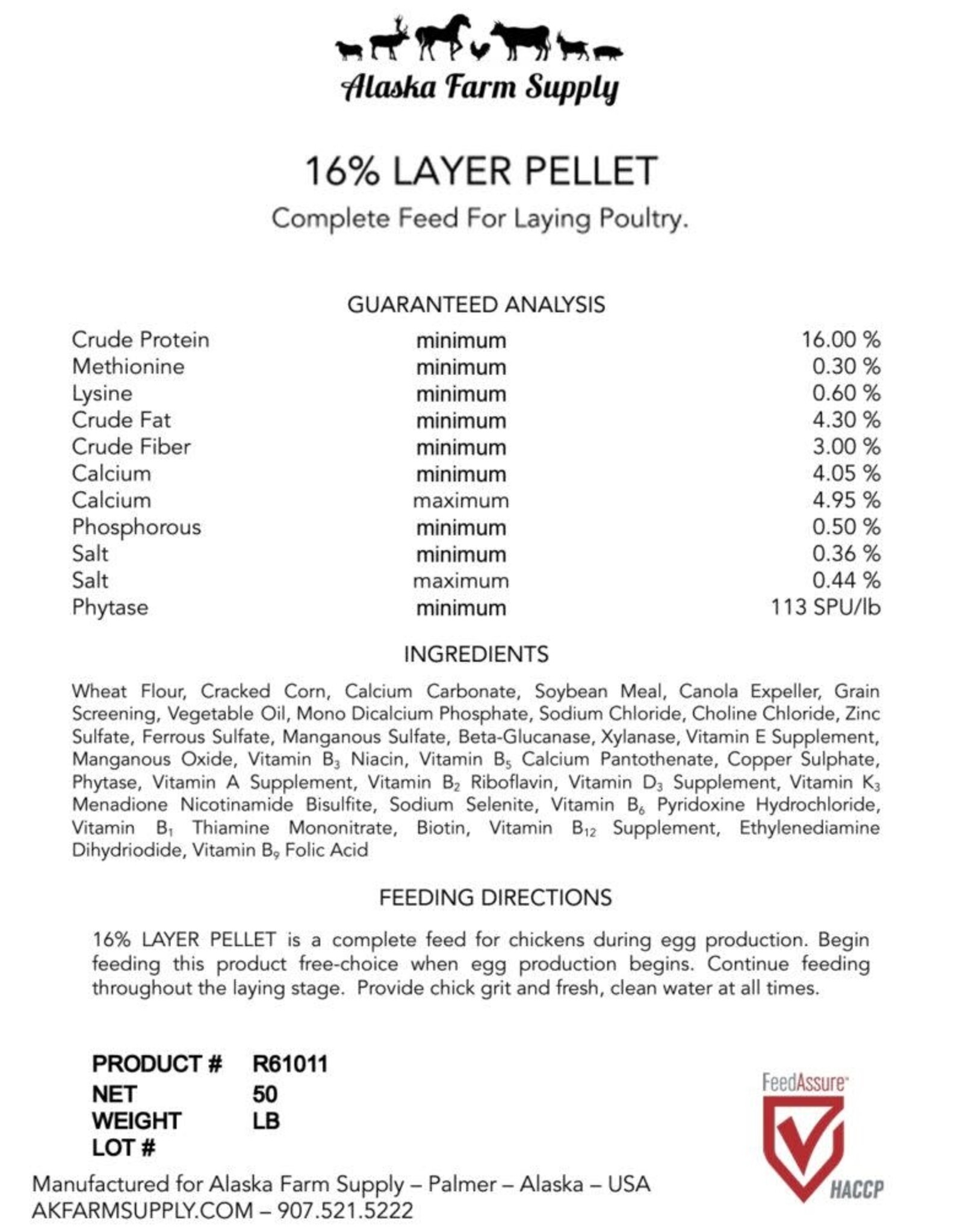 Alaska Farm Supply AFS Layer Pellets 16%  50lbs