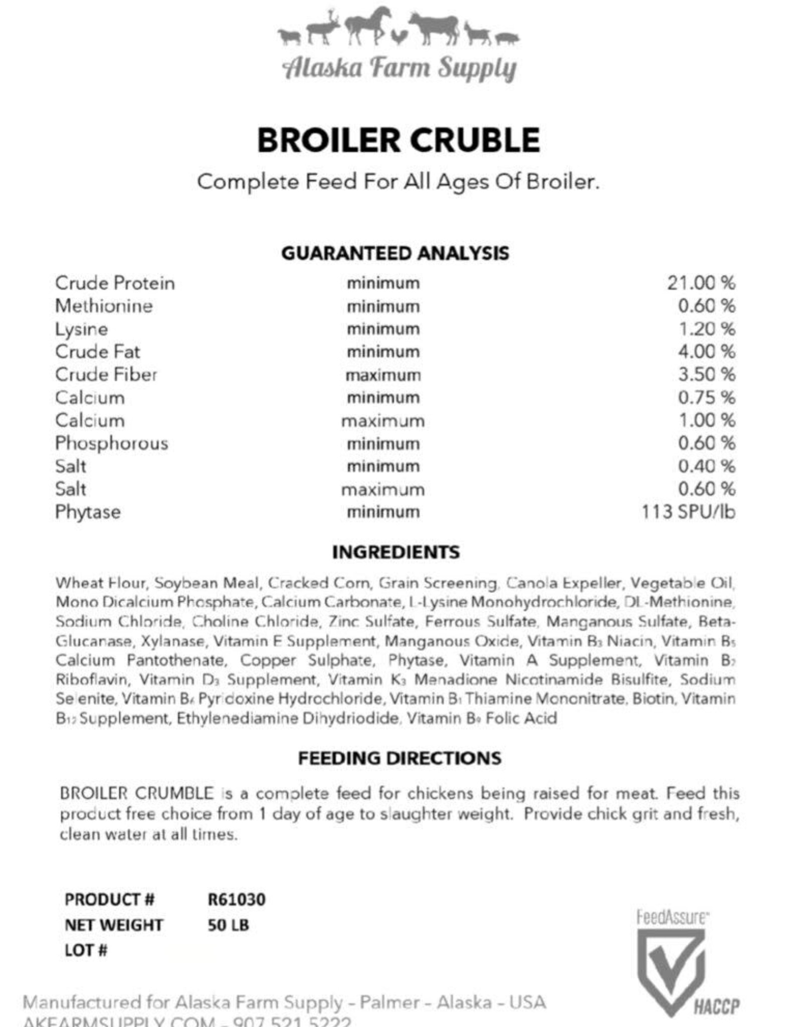 Alaska Farm Supply AFS Broiler Crumbles 21% Protein 50lb