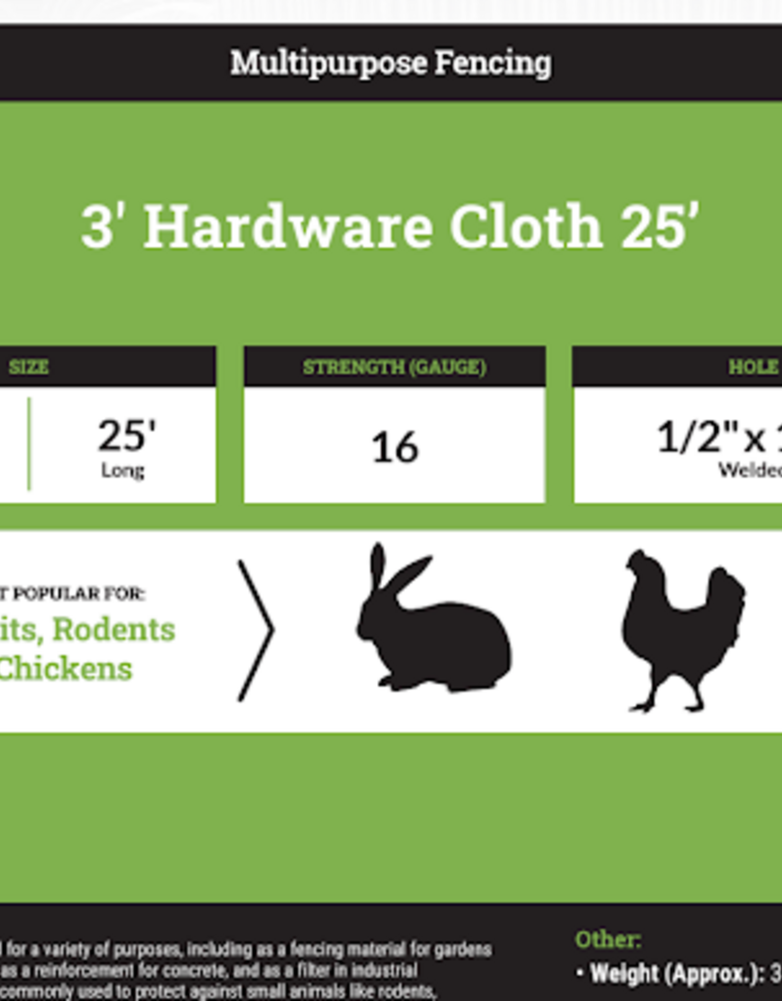 Alaska Farm Supply AFS Hardware Cloth HD Fence 1/2"x1/2", 16 Gauge, 3ft x25ft