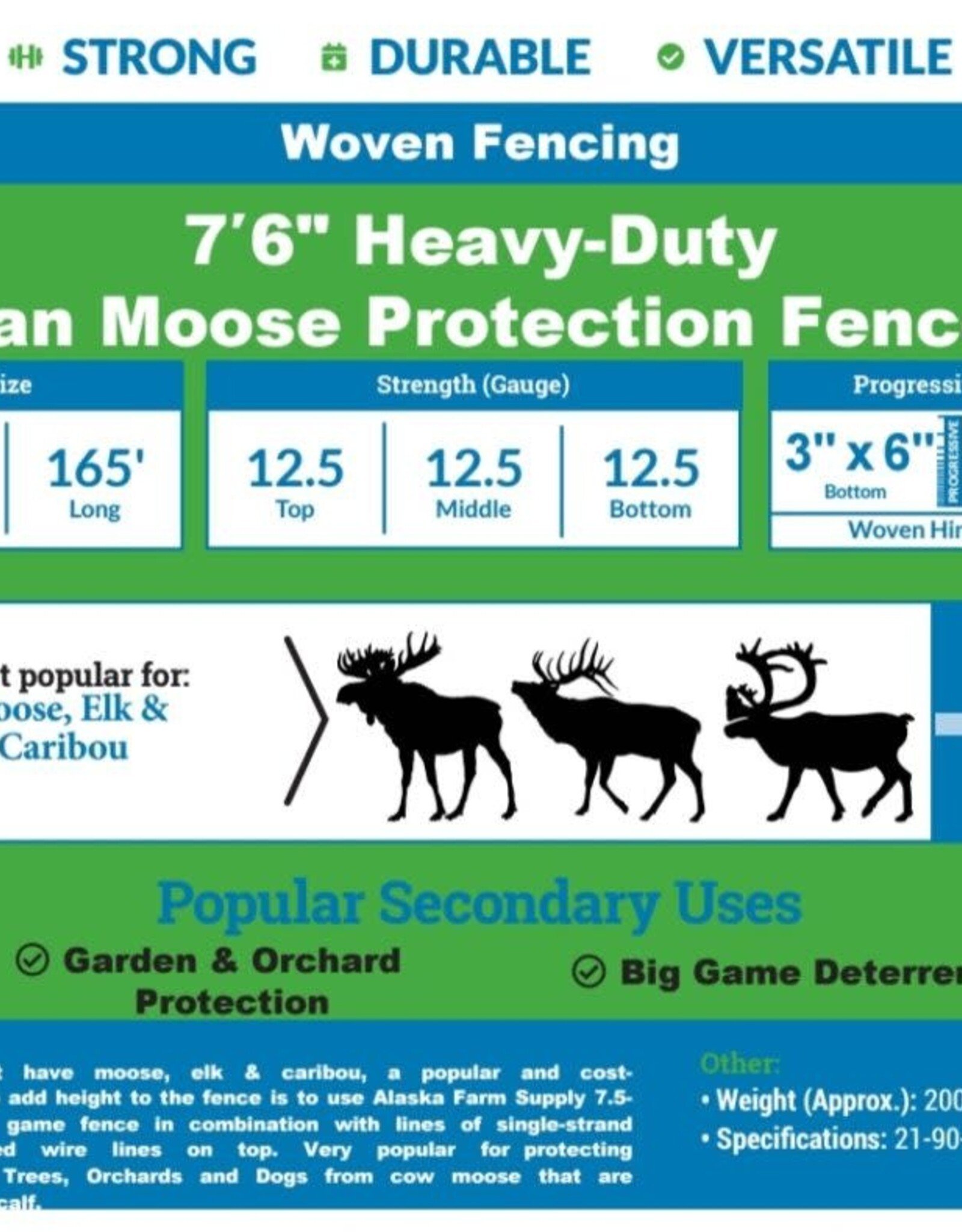 Alaska Farm Supply AFS Moose Protection Fence HD 12.5 Gauge, 7.5 ft x 165ft