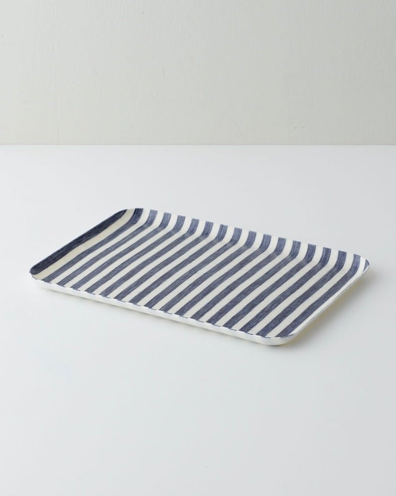 Blue & White Stripe Linen Coated Tray- Medium
