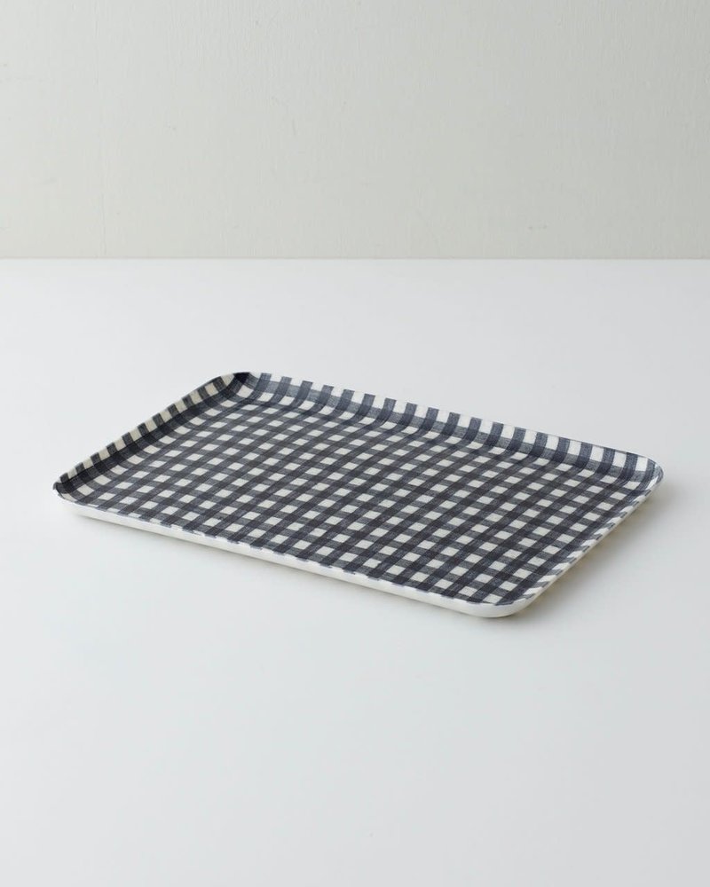 Navy & White Check Linen Coated Tray- Medium