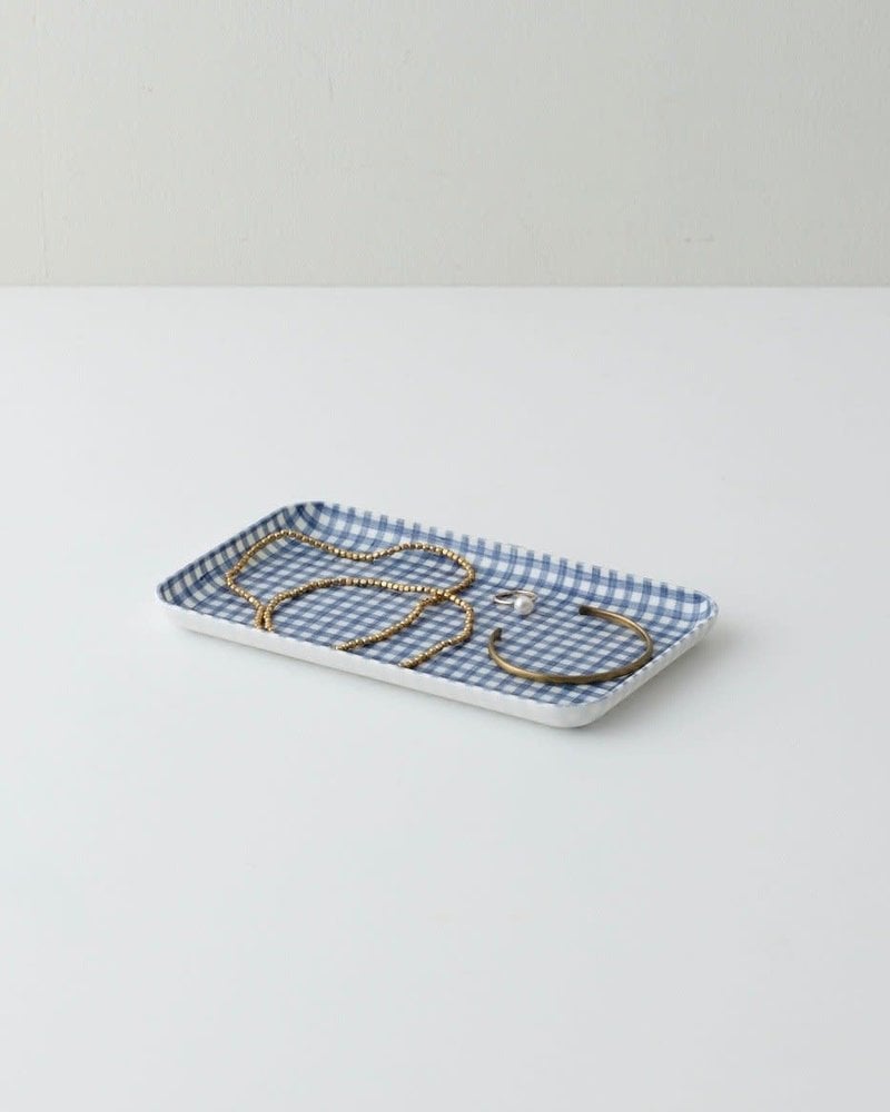 Blue & White Check Linen Coated Tray- Small