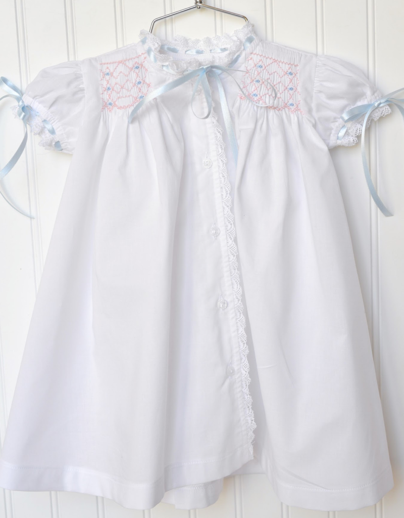 Peggy Green PG Heirloom Smocked Gown - White Batiste w/Blue & Pk Smk
