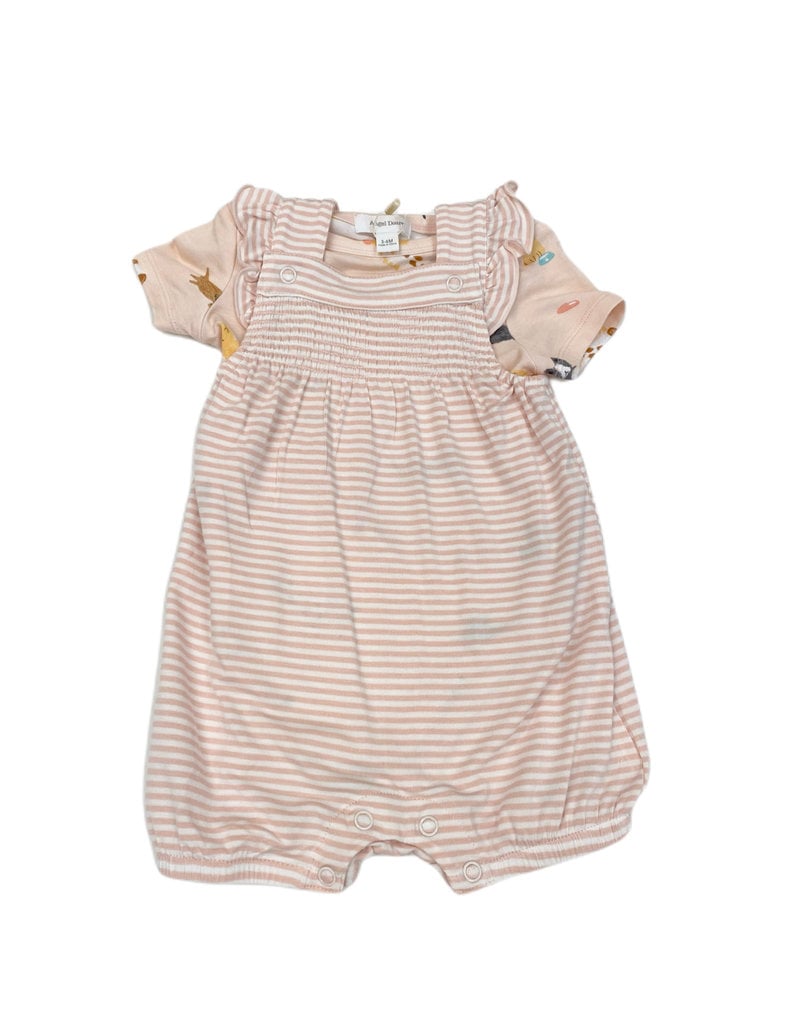Angel Dear AD Puppy Play (Stripe) Smocked Front Overall Shortie in Pink