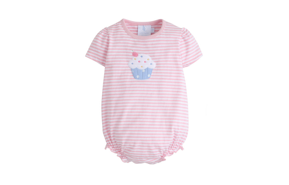 Little English Applique Bubble-Cupcake, Pink & White Stripe