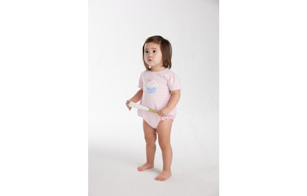 Little English Applique Bubble-Cupcake, Pink & White Stripe