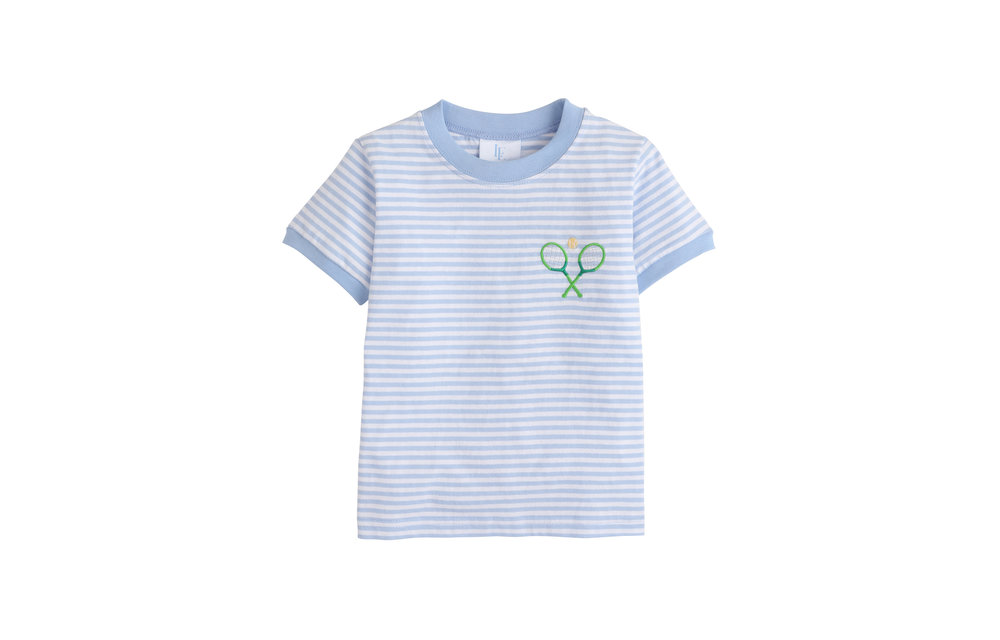 Little English Applique T-Shirt Tennis, Blue & White Stripe