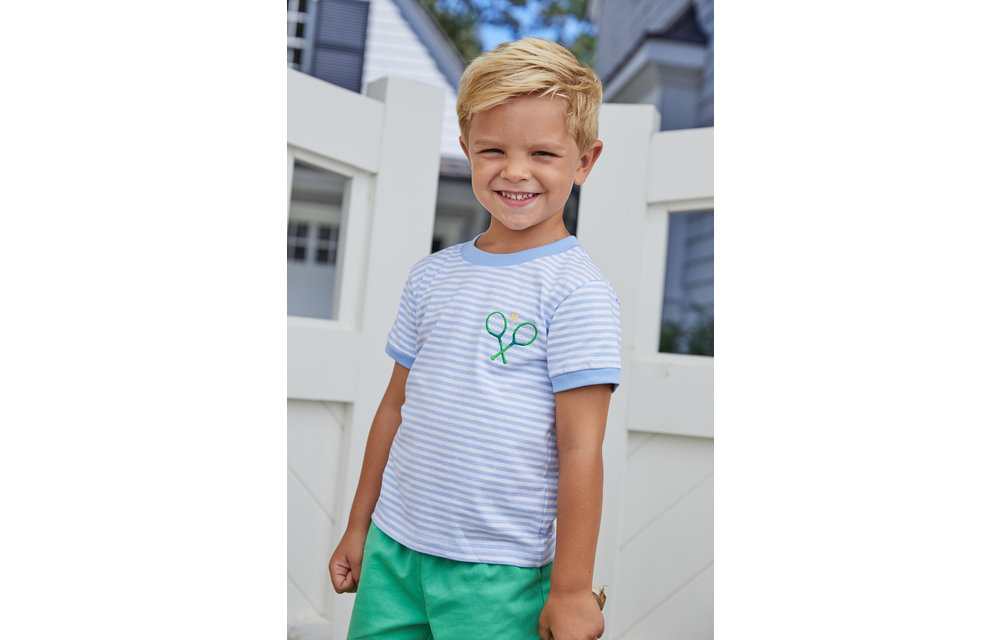 Little English Applique T-Shirt Tennis, Blue & White Stripe