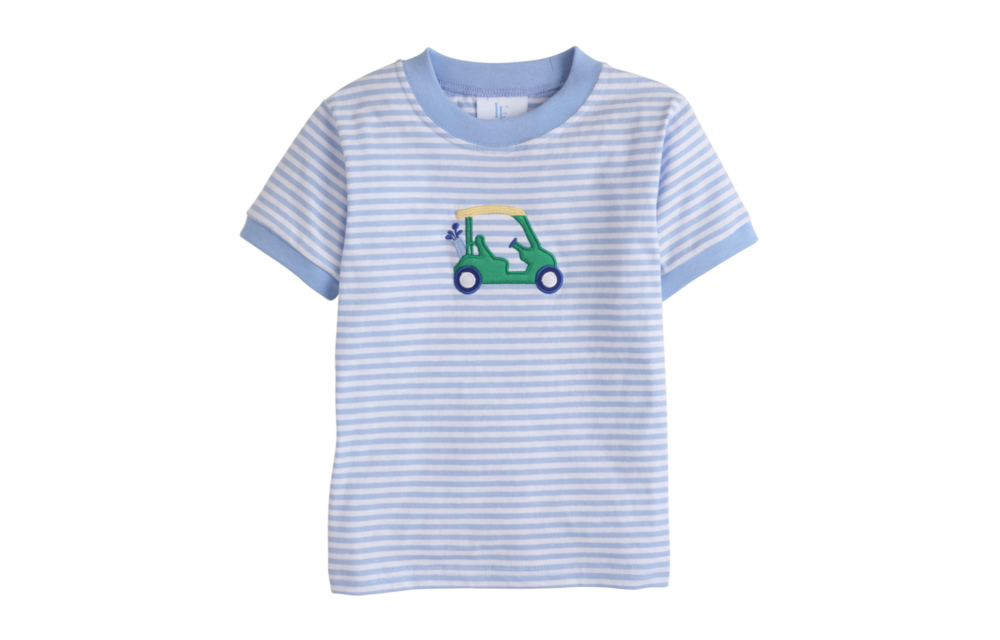 Little English Applique T-Shirt-Golf Cart - Blue & White Stripe