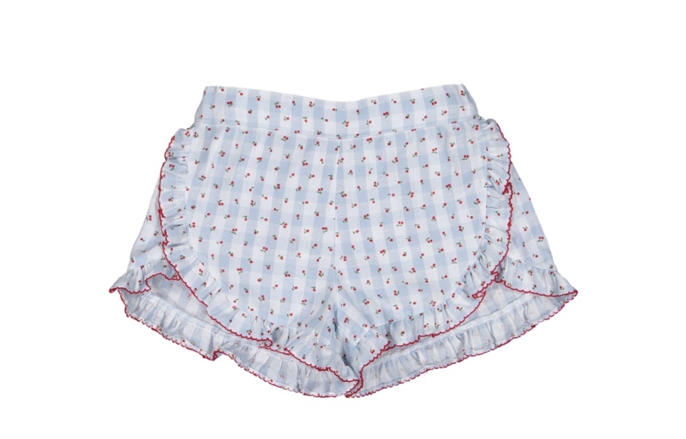 Sal & Pimenta Picnic Cherries Sporty Shorts Blue/Wht Gingham