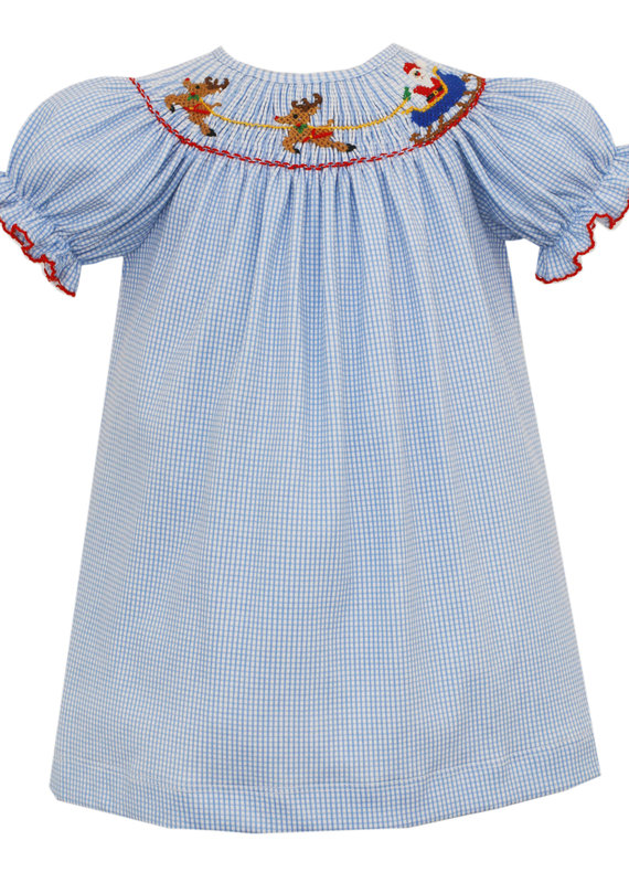 Petit Bebe Santa's Sleigh Lt Blue Knit Gingham Bishop Dress