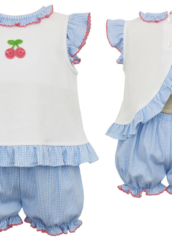 Petit Bebe Girl's Bloomer Set Cherries - Wht Knit Top Bl Chk Bloomer