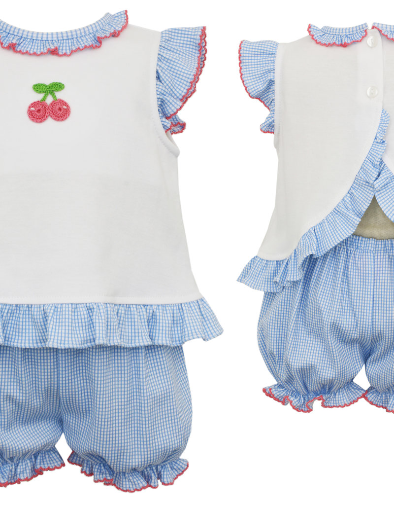 Petit Bebe Petit Bebe Girl's Bloomer Set Cherries - White Knit Top Blue Checked Bloomer