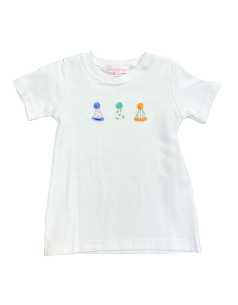 Peggy Green PG Embroidered Tee  - White Pima w/3 embroidered party hats