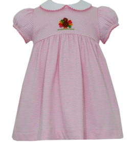 Petit Bebe Petit Bebe Girl's Dress S/S Pink Stripe Knit w/Turkey Emb