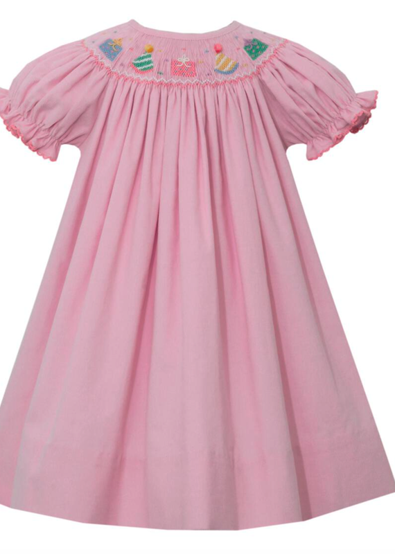 Petit Bebe Petite Bebe Pink Corduroy Bishop Short Sleeved Smocked Birthday Dress