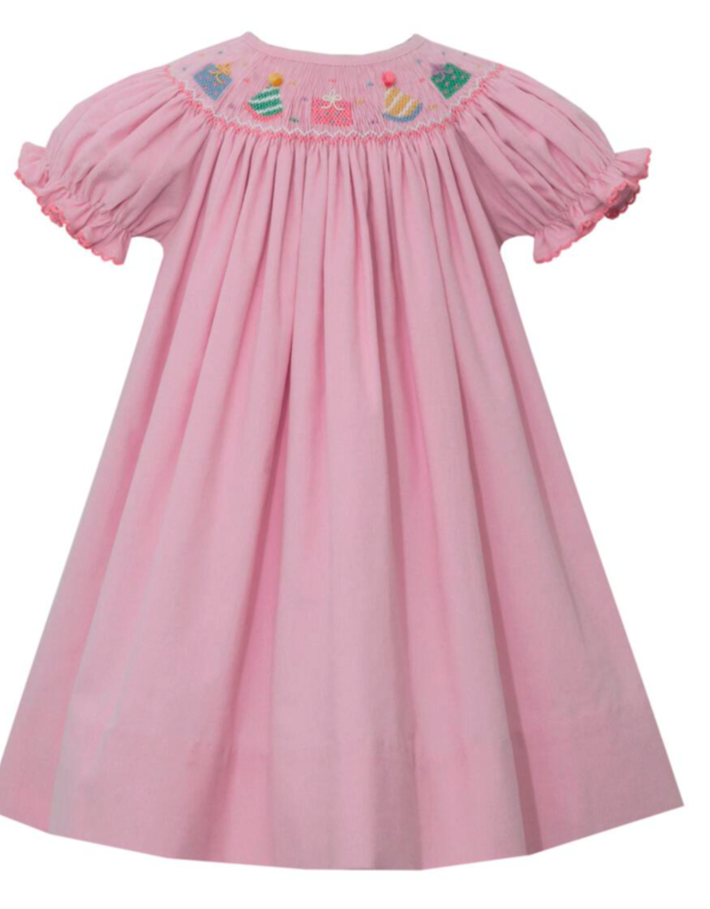 Petit Bebe Petite Bebe Pink Corduroy Bishop Short Sleeved Smocked Birthday Dress