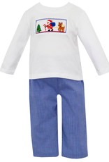 Petit Bebe Petite Bebe Santa Reindeer & Xmas Tree  Boys Knit Shirt & Blue Check Pants Set