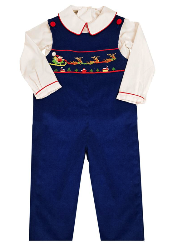 Little Threads Santa Smocked Overall Set Royal Blue Cord