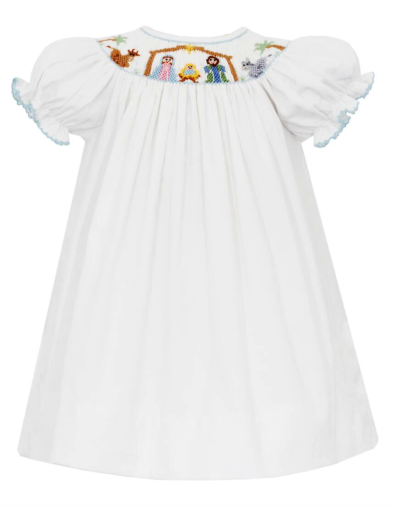 Petit Bebe Petit Bebe Bishop White Corduroy Dress - Nativity Scene Smocked
