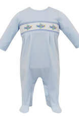 Petit Bebe Petit Bebe Boy's Long Footie- Solid Blue Knit Airplane