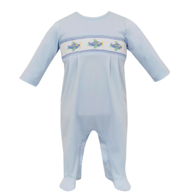 Petit Bebe Petit Bebe Boy's Long Footie- Solid Blue Knit Airplane